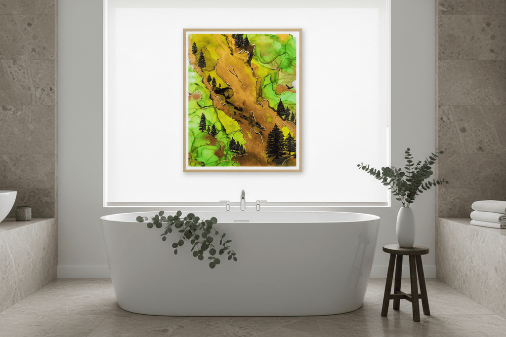 Breathe Deep - Original Acrylic, Gold Gilding, and Alcohol Ink Mountainside Painting 12x15" Framed - Michelle Pashko Art
