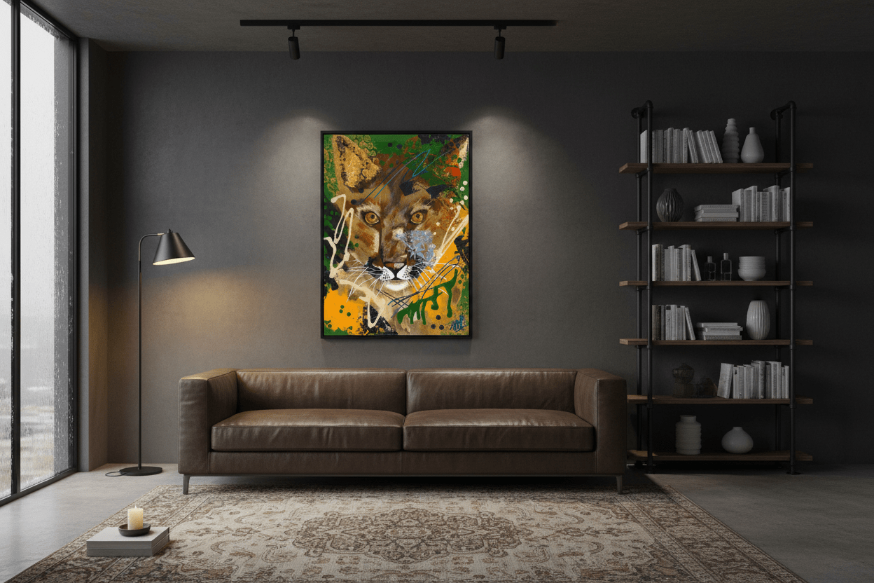 Stare Down - Original Cougar Painting | 9x12" Acrylic Abstract Graffiti Art - Michelle Pashko Art
