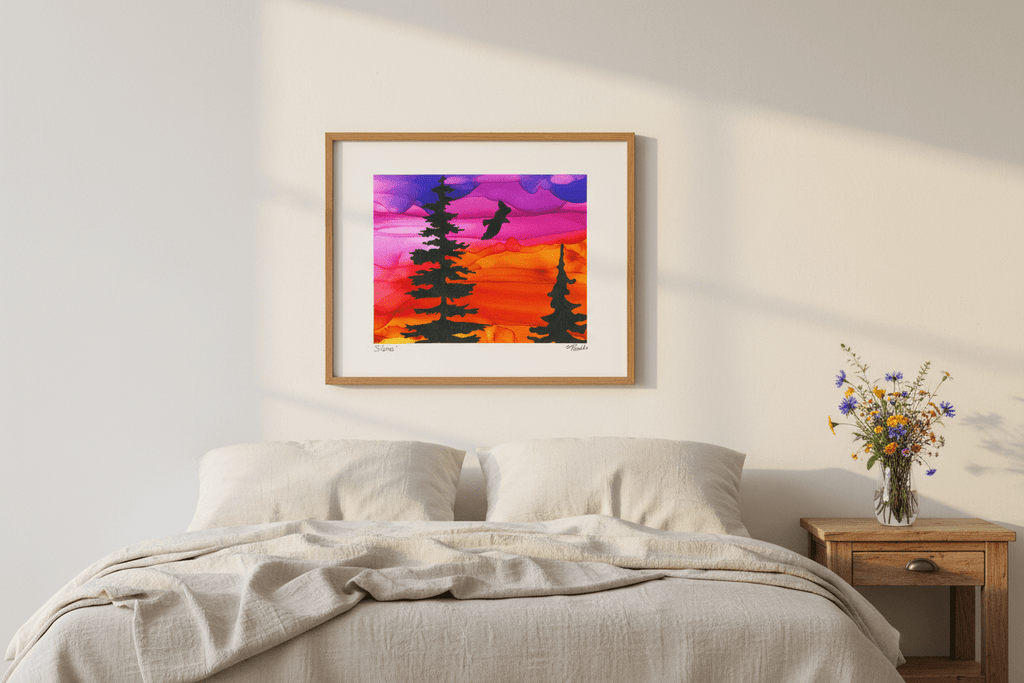 Silence - Original Acrylic and Alcohol Ink Sunset Painting 12x15" Framed - Michelle Pashko Art