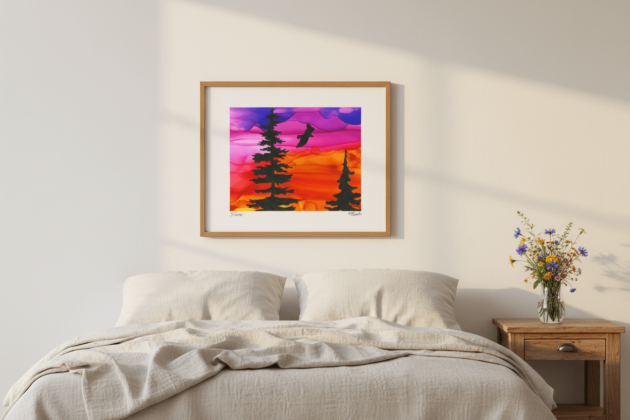 Silence - Original Acrylic and Alcohol Ink Sunset Painting 12x15" Framed - Michelle Pashko Art