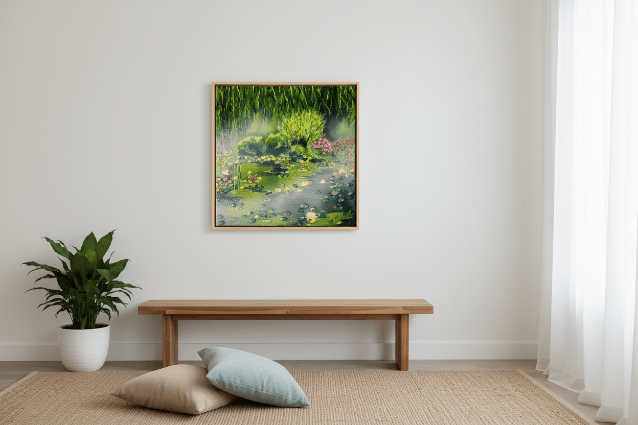 Peaceful Reflections - Original Pond Painting | 12x12" Acrylic Impasto Landscape - Michelle Pashko Art