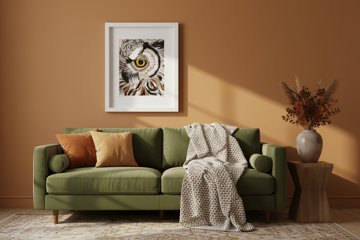 Fall Vigil - Framed Owl Painting | 12x15" Original Acrylic on Alcohol Ink - Michelle Pashko Art