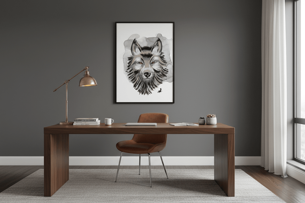 "Unmistakable" 11x14" Framed Original Acrylic Wolf on Alcohol Ink background. - Michelle Pashko Art