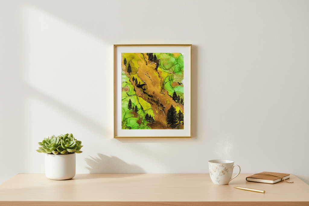 Limited Edition Signed and Numbered Prints - Breathe Deep 8x10" from Original Acrylic, Gold Gilding, and Alcohol Ink Mountainside - Michelle Pashko Art