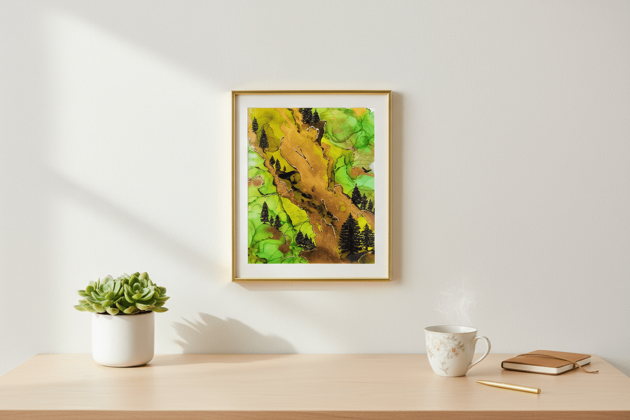 Limited Edition Signed and Numbered Prints - Breathe Deep 8x10" from Original Acrylic, Gold Gilding, and Alcohol Ink Mountainside - Michelle Pashko Art