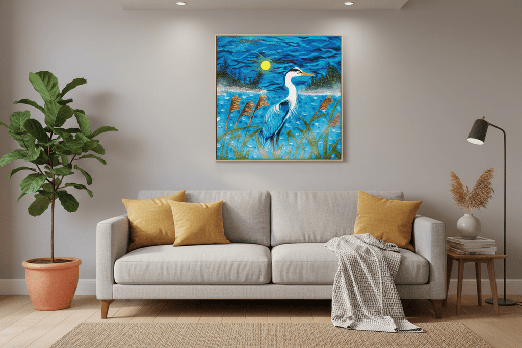 Night Shift - Original Blue Heron Painting | 20x20" Acrylic Impasto Lakeside Art - Michelle Pashko Art