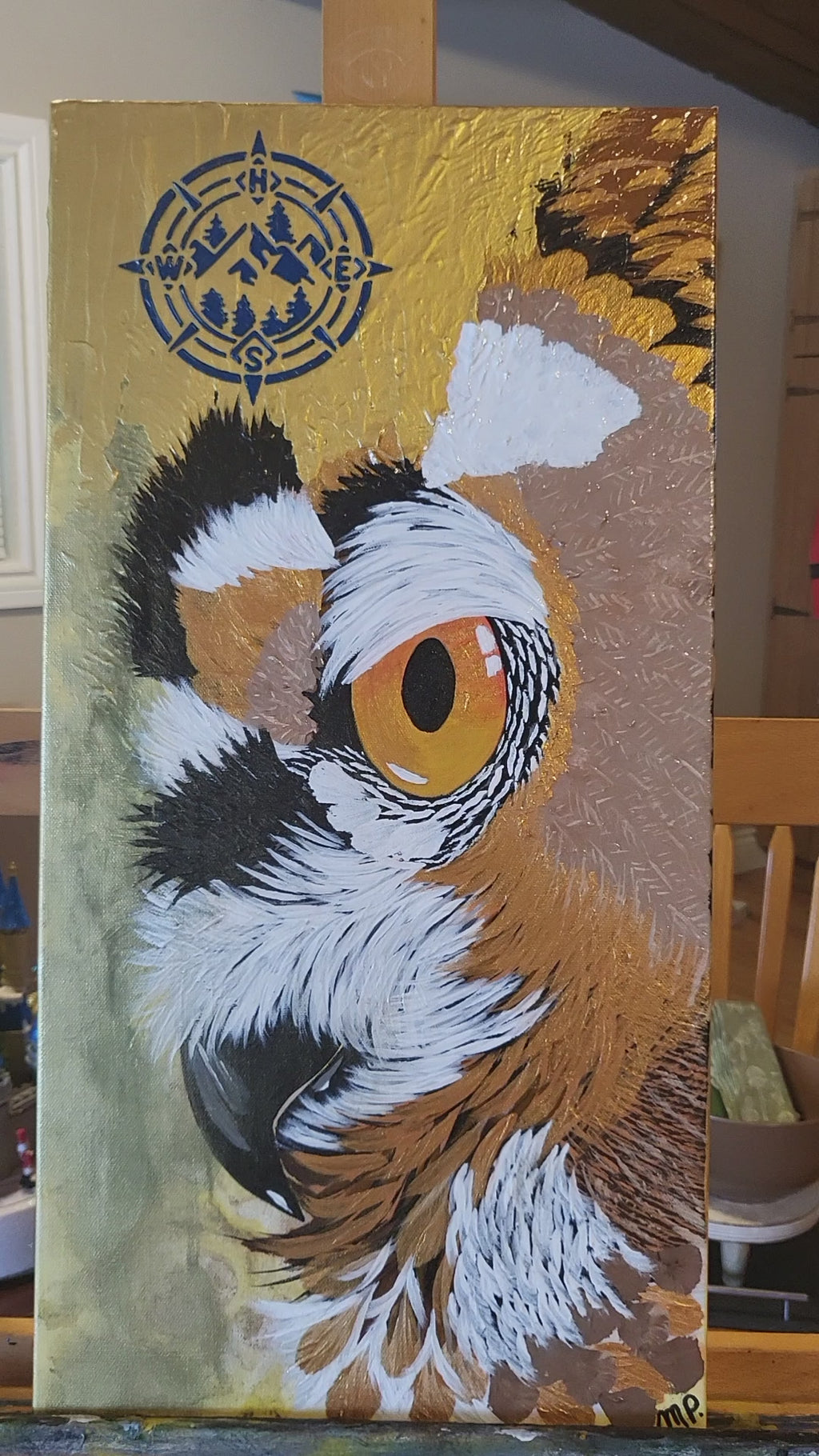 Judge - Golden Owl Painting | 12x24" Original with Gold Accents & Compass