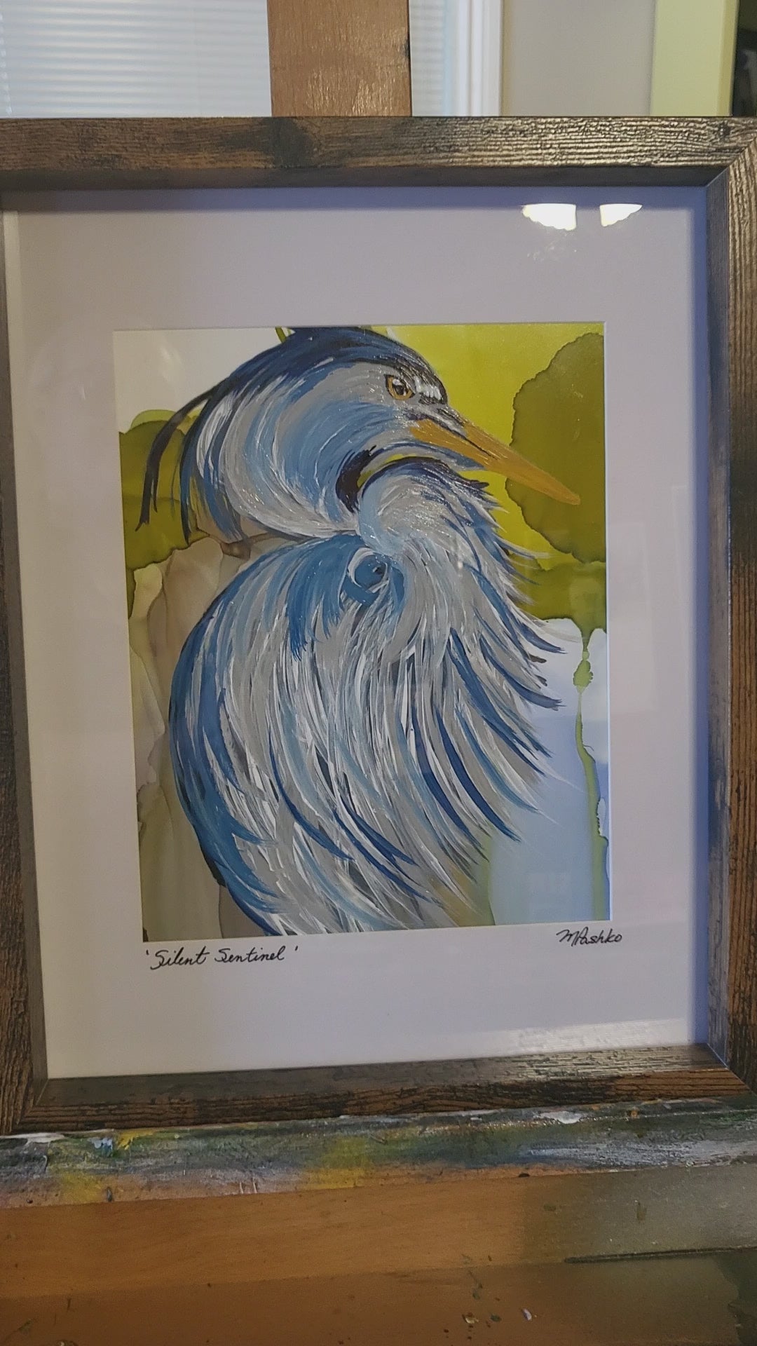 Stille Wachter - Origineel Acryl en Alcoholinkt Abstracte Reiger 12x15" Ingelijst