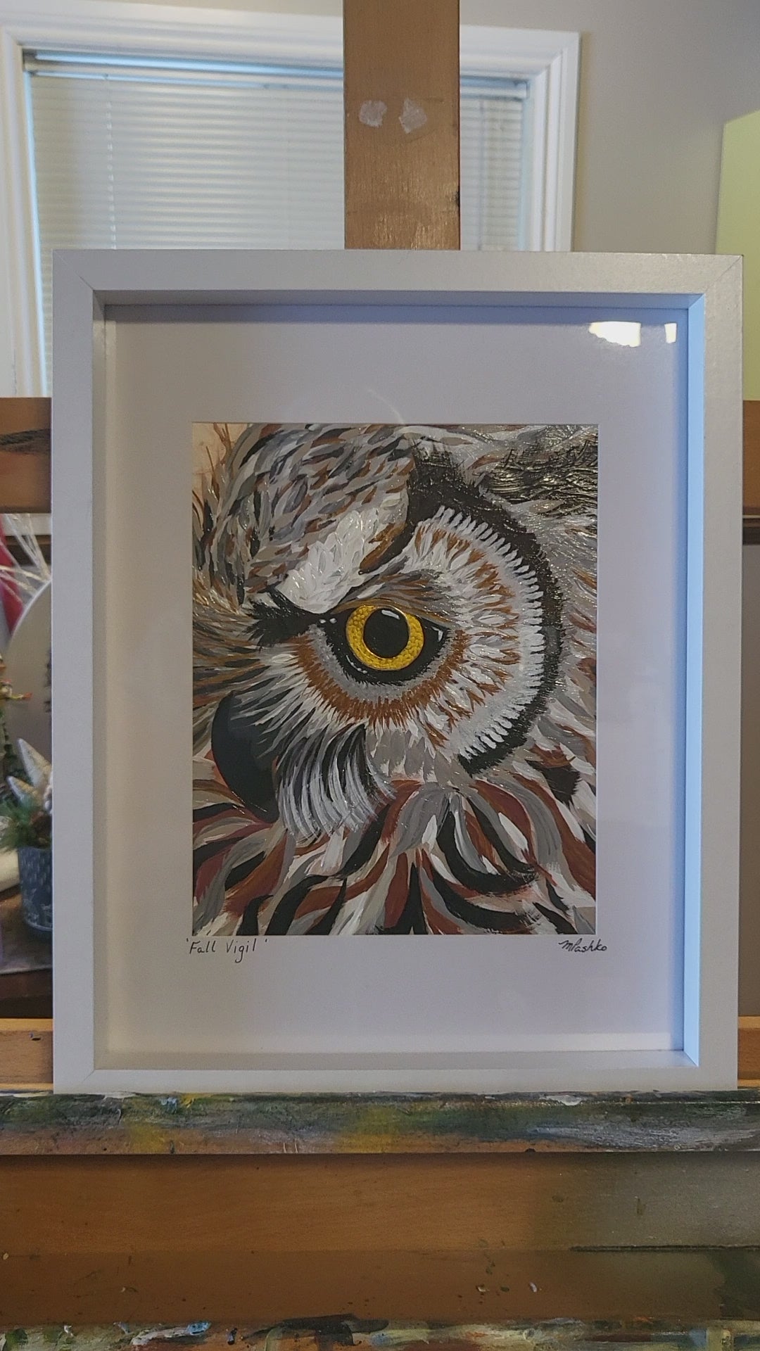 Fall Vigil - Framed Owl Painting | 12x15" Original Acrylic on Alcohol Ink