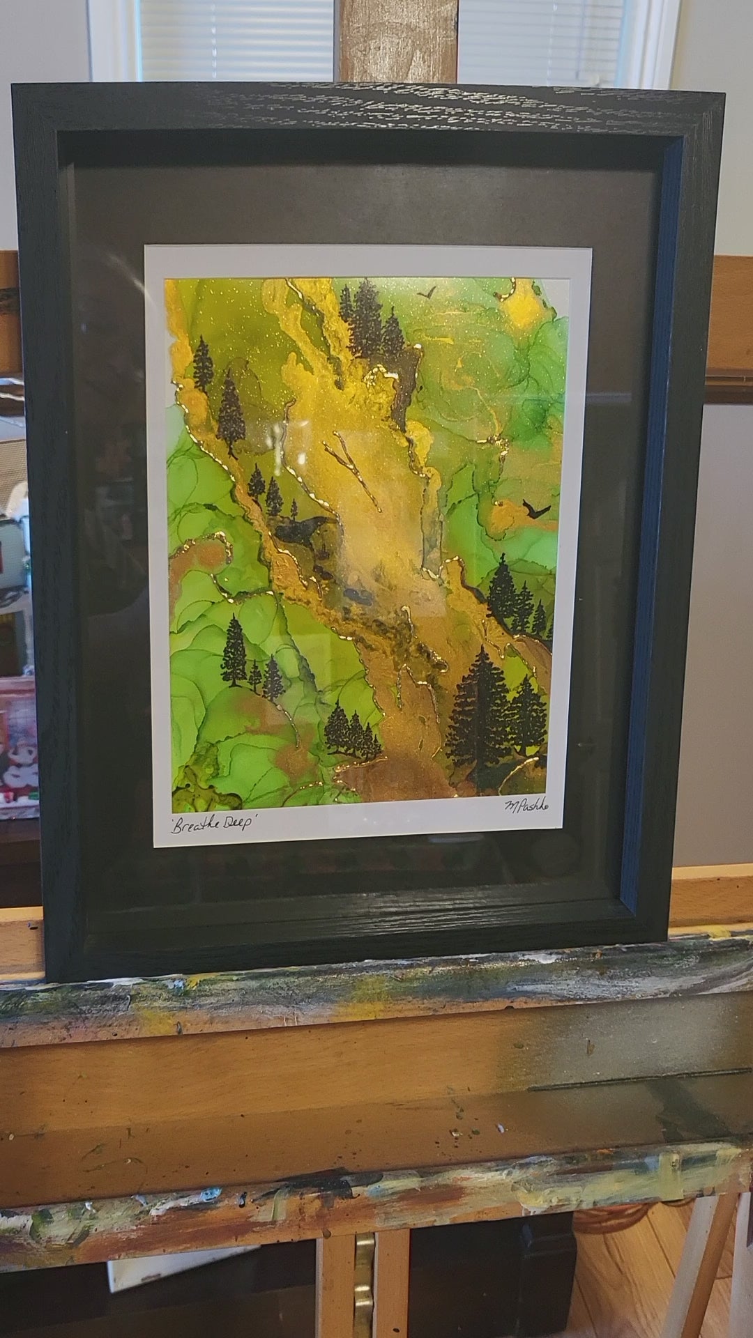 Breathe Deep - Original Acrylic, Gold Gilding, and Alcohol Ink Mountainside Painting 12x15" Framed