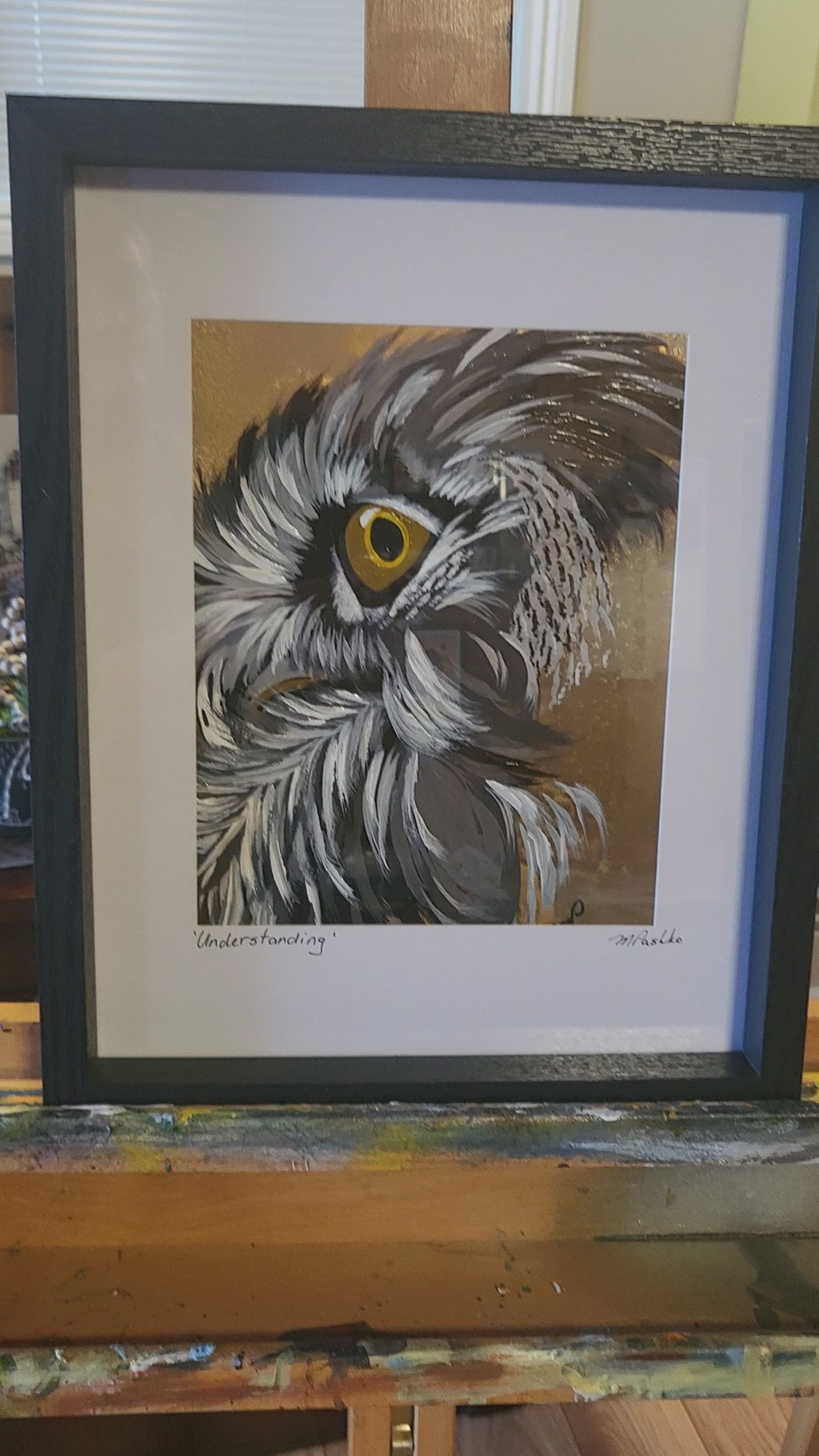 Understanding - Framed Owl Painting | 12x15" Original Acrylic on Alcohol Ink