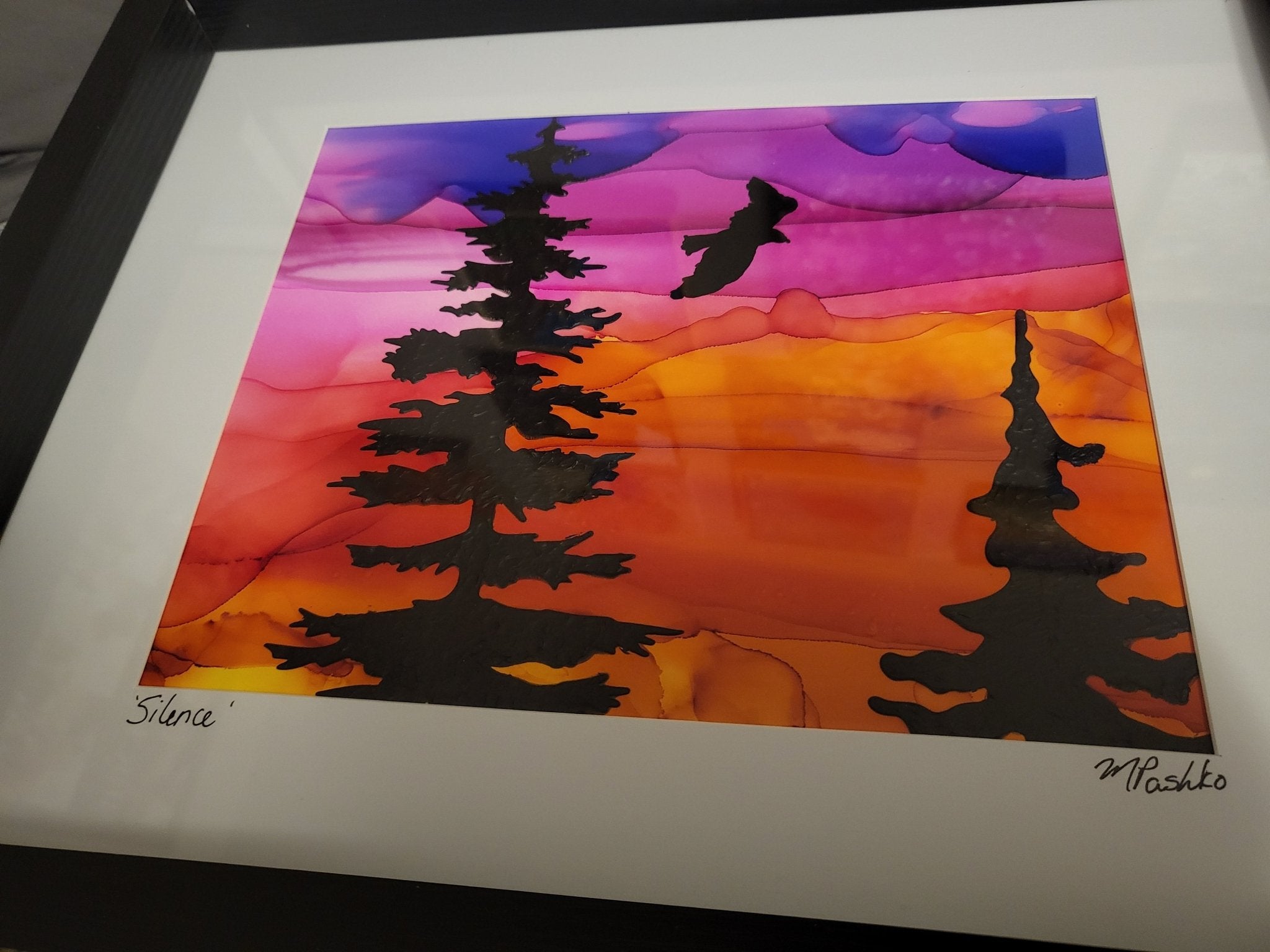 Silence - Original Acrylic and Alcohol Ink Sunset Painting 12x15" Framed - Michelle Pashko Art