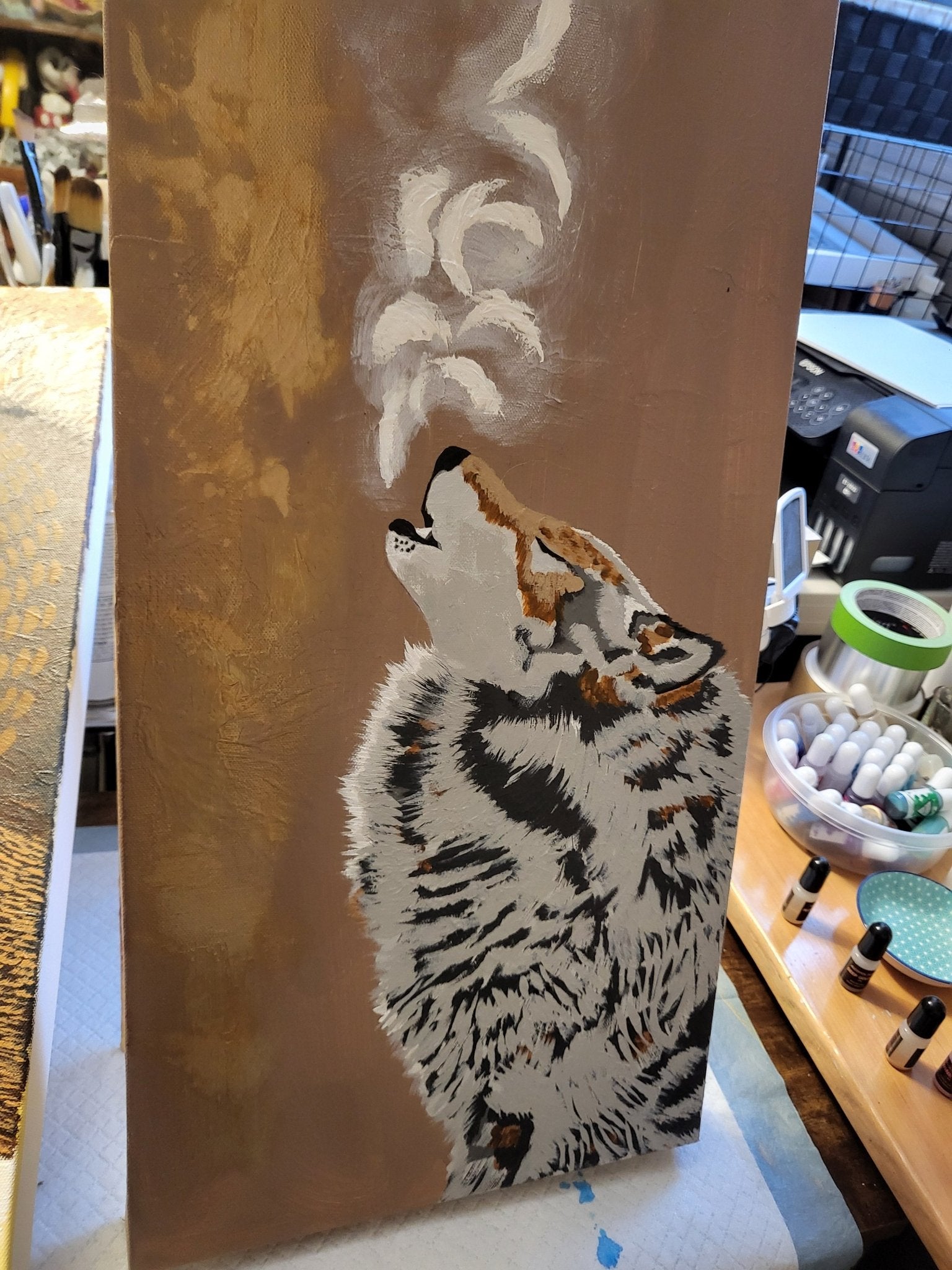 Wolf Original Acrylic Artwork 12x24" on 2" Gallery Wrapped Canvas - 'The Calling, - Michelle Pashko Art