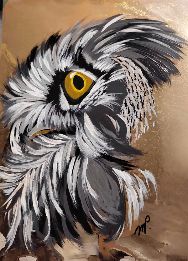 Understanding - Acrylic and Alcohol Ink Owl Original Framed 12x15" - Michelle Pashko Art