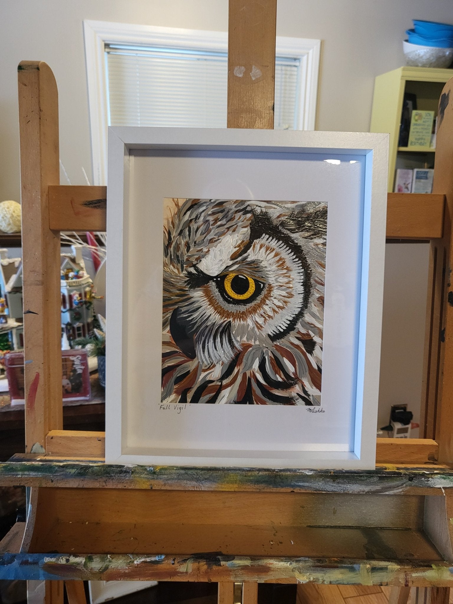 Fall Vigil - Framed Acrylic Owl Painting Original on Alcohol Ink Background 12x15" - Michelle Pashko Art