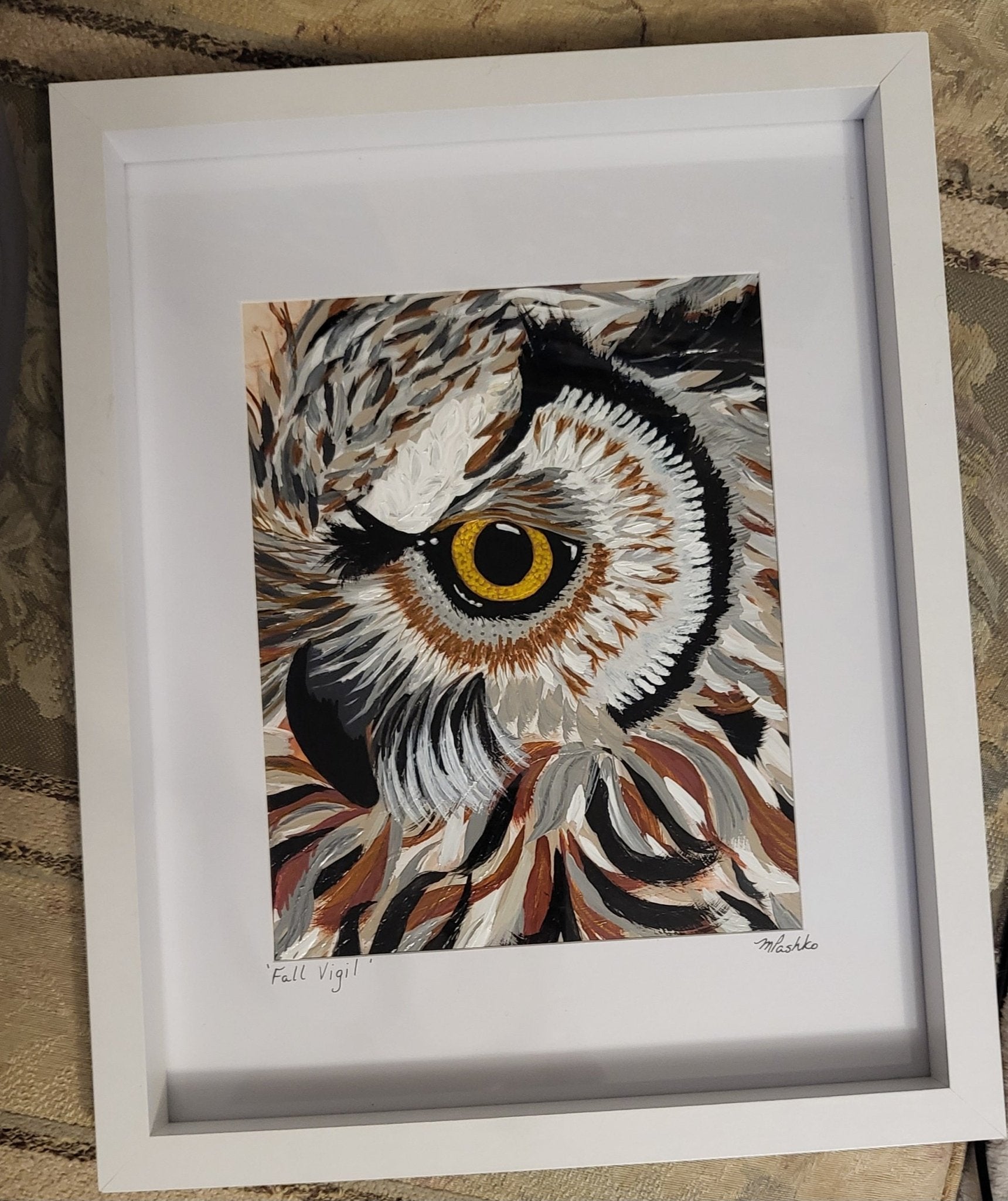 Fall Vigil - Framed Acrylic Owl Painting Original on Alcohol Ink Background 12x15" - Michelle Pashko Art