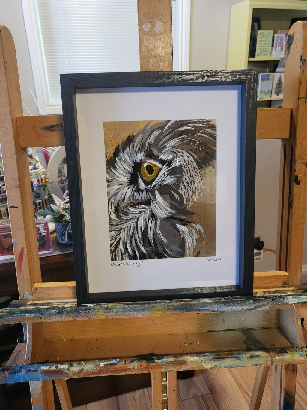 Understanding - Acrylic and Alcohol Ink Owl Original Framed 12x15" - Michelle Pashko Art