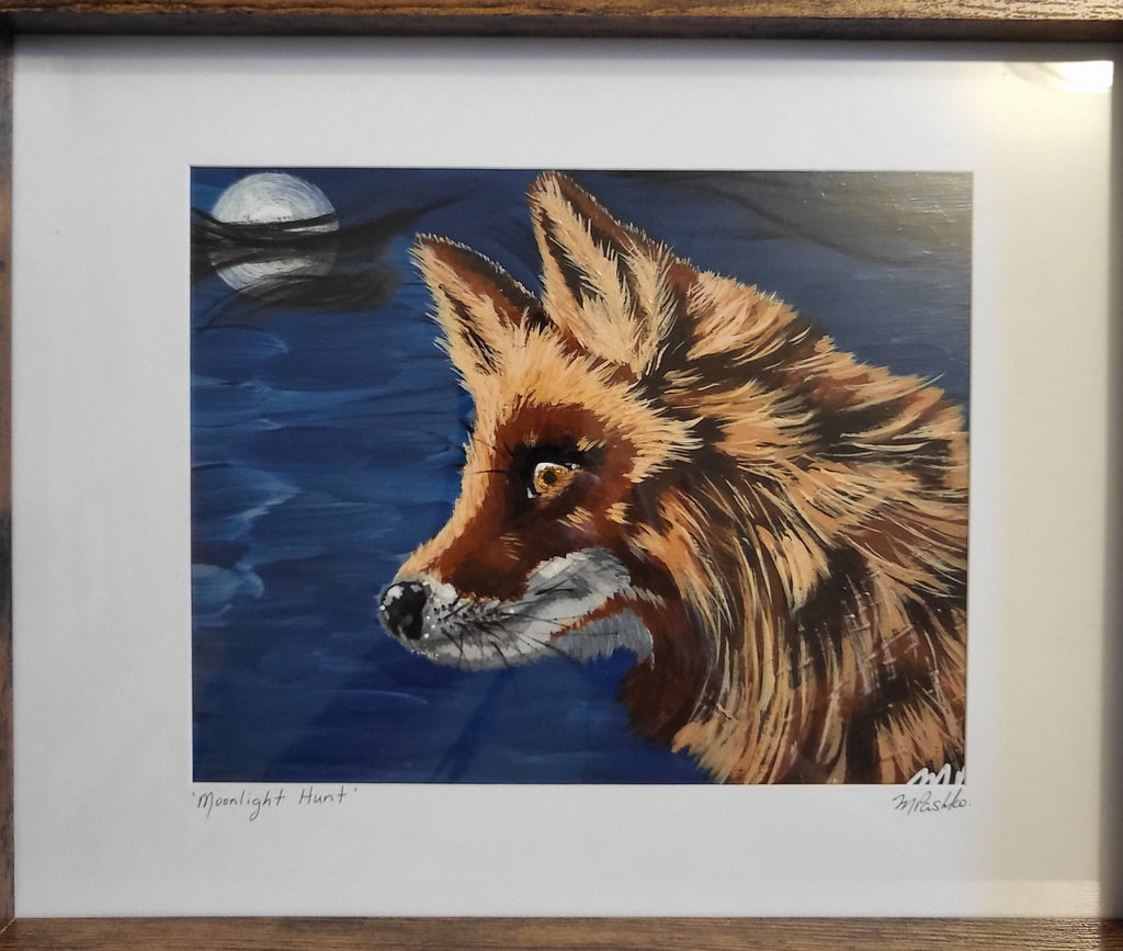 Moonlight Hunt - Original Acrylic Fox Artwork 12x15" Framed SOLD - Michelle Pashko Art