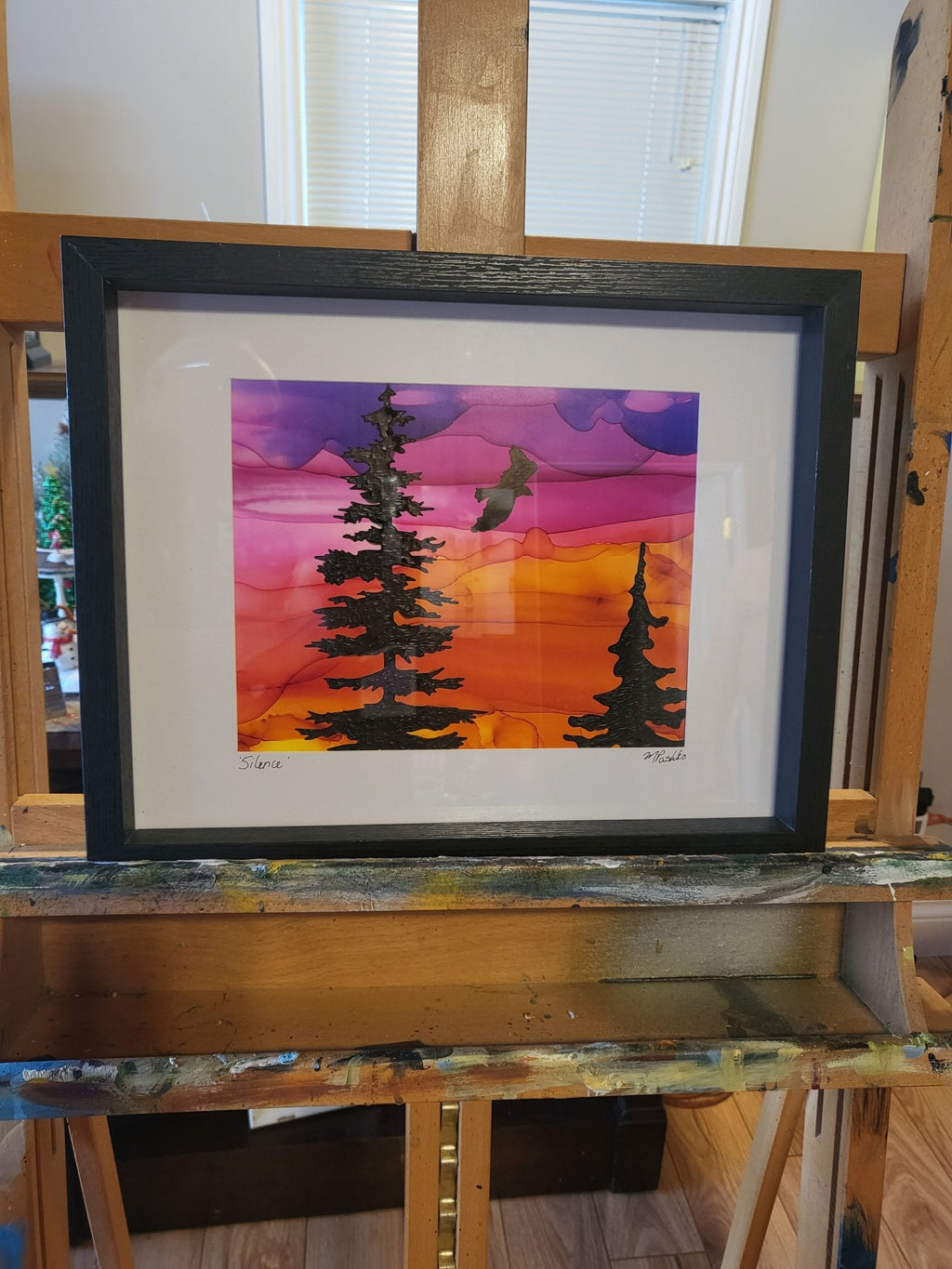 Silence - Original Acrylic and Alcohol Ink Sunset Painting 12x15" Framed - Michelle Pashko Art