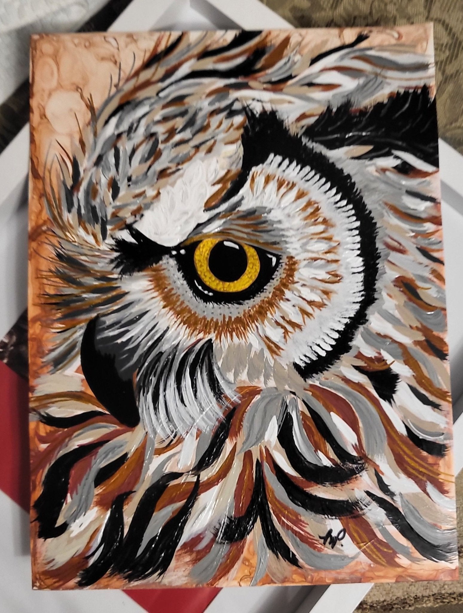 Fall Vigil - Framed Acrylic Owl Painting Original on Alcohol Ink Background 12x15" - Michelle Pashko Art