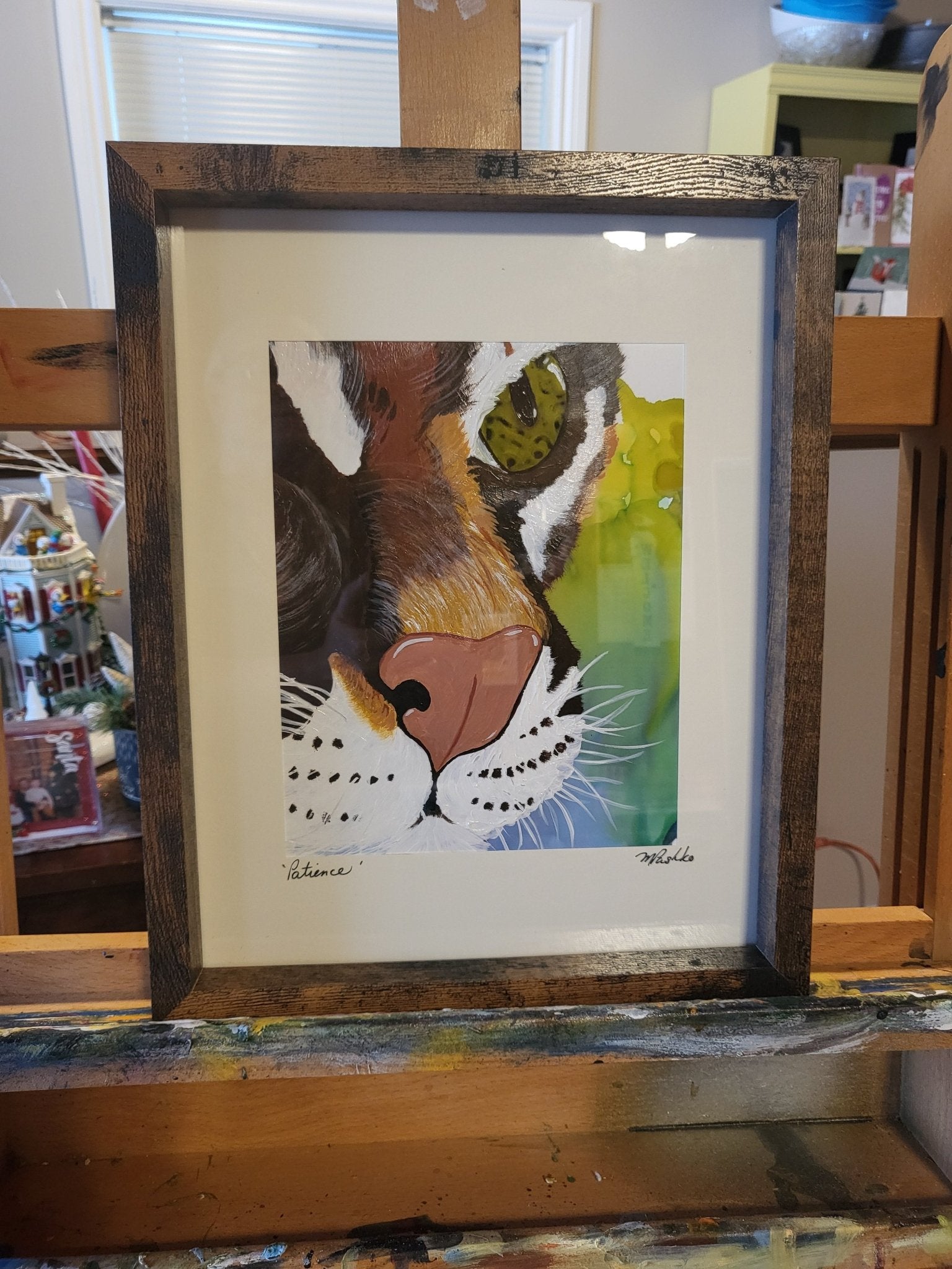 Patience - Original Acrylic Ocelot Painting on Alcohol Ink Background 12x15" Framed - Michelle Pashko Art