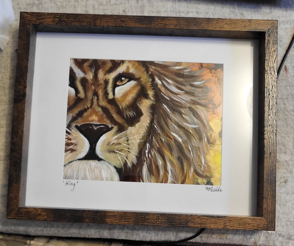 King - Lion Original Acrylic Artwork SOLD 12x15" Framed - Michelle Pashko Art