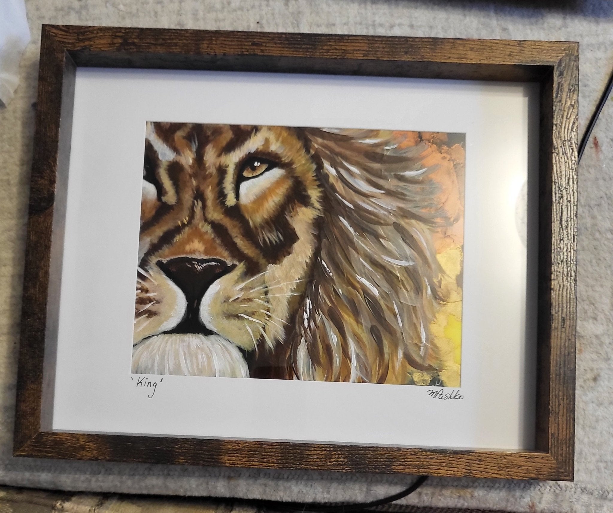King - Lion Original Acrylic Artwork SOLD 12x15" Framed - Michelle Pashko Art