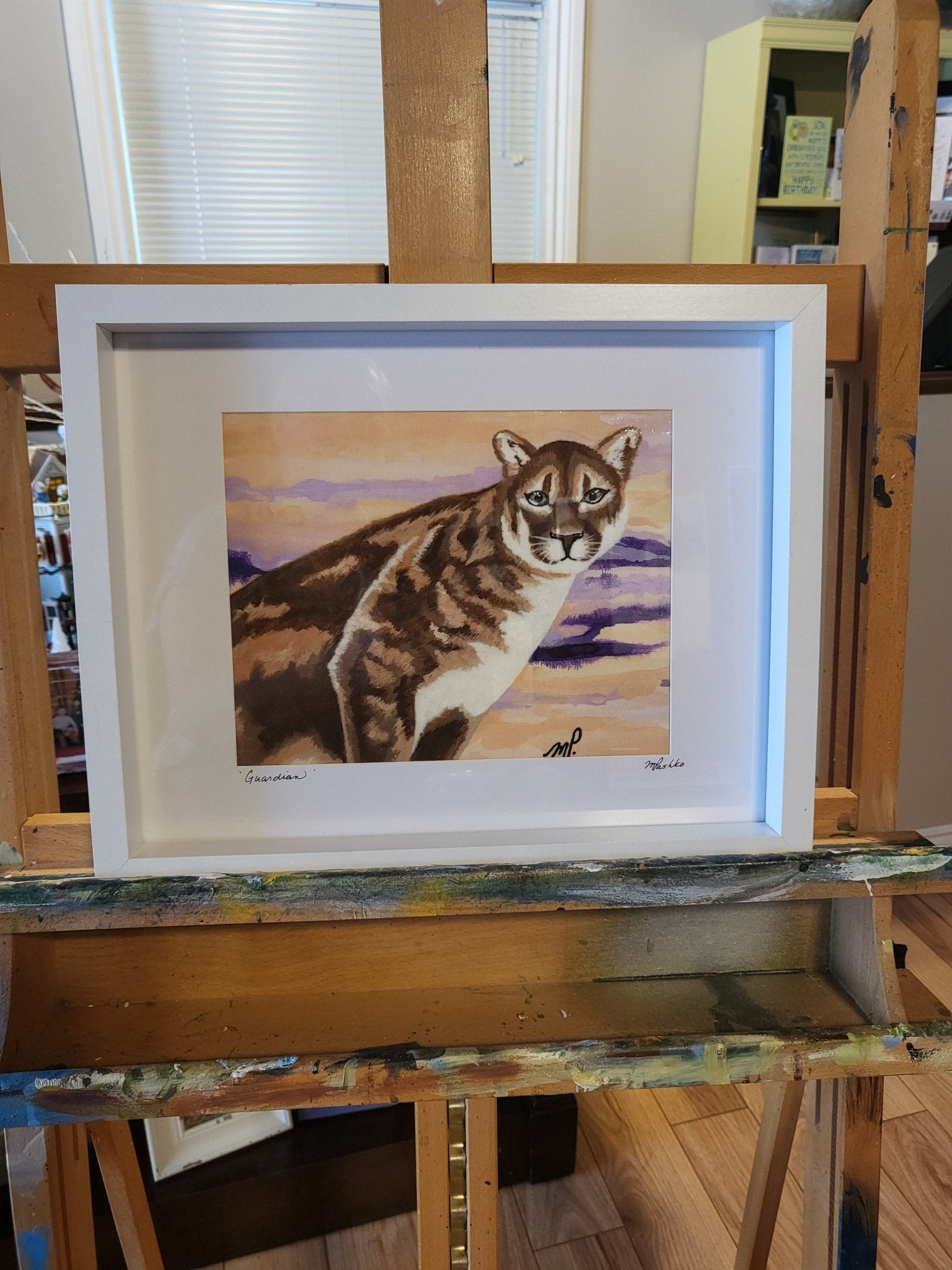 Guardian - Cougar Acrylic Original Artwork 12x15" Framed - Michelle Pashko Art