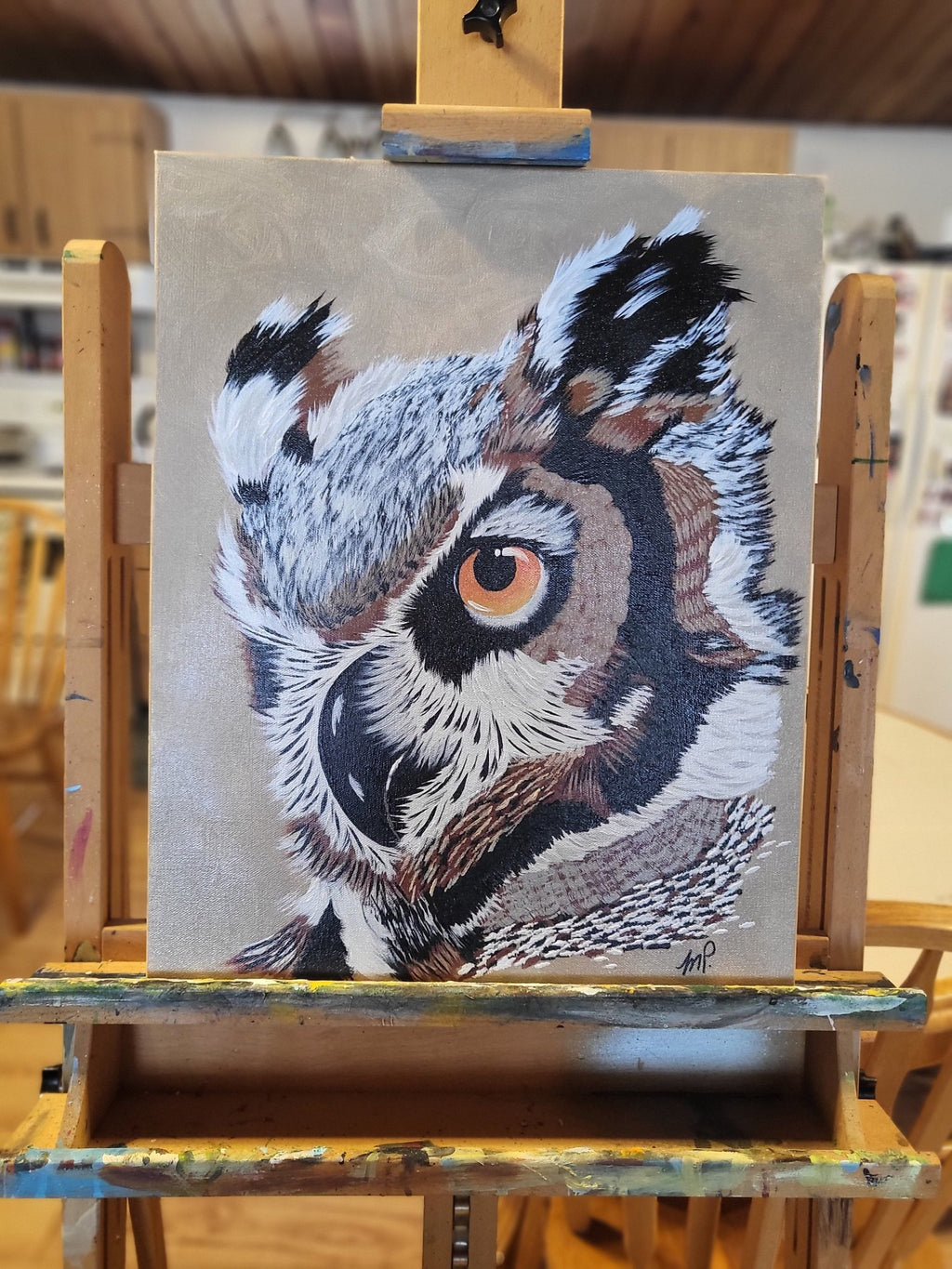 Great Horned Owl Original Acrylic Painting 16x20" - "Insight" - Michelle Pashko Art