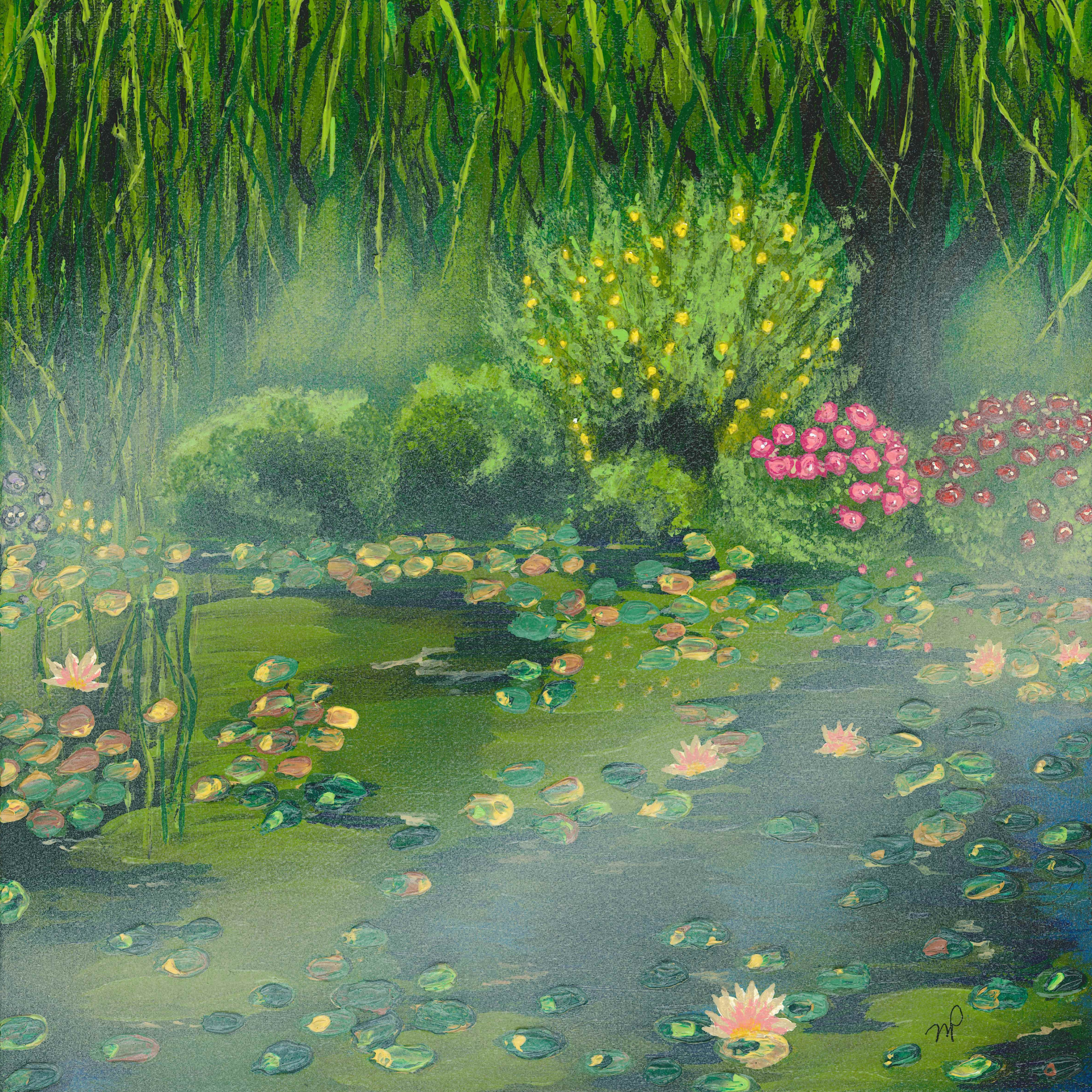 Peaceful Reflections - Original Acrylic Impasto Pond Landscape Artwork 12x12" - Michelle Pashko Art