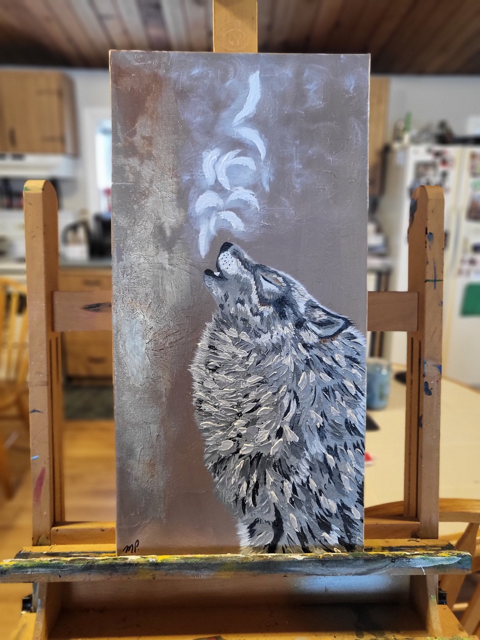 Wolf Original Acrylic Artwork 12x24" on 2" Gallery Wrapped Canvas - 'The Calling, - Michelle Pashko Art