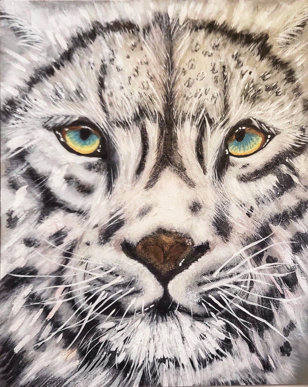 Watchful - Original Acrylic Snow Leopard Artwork 12x15" Framed SOLD - Michelle Pashko Art