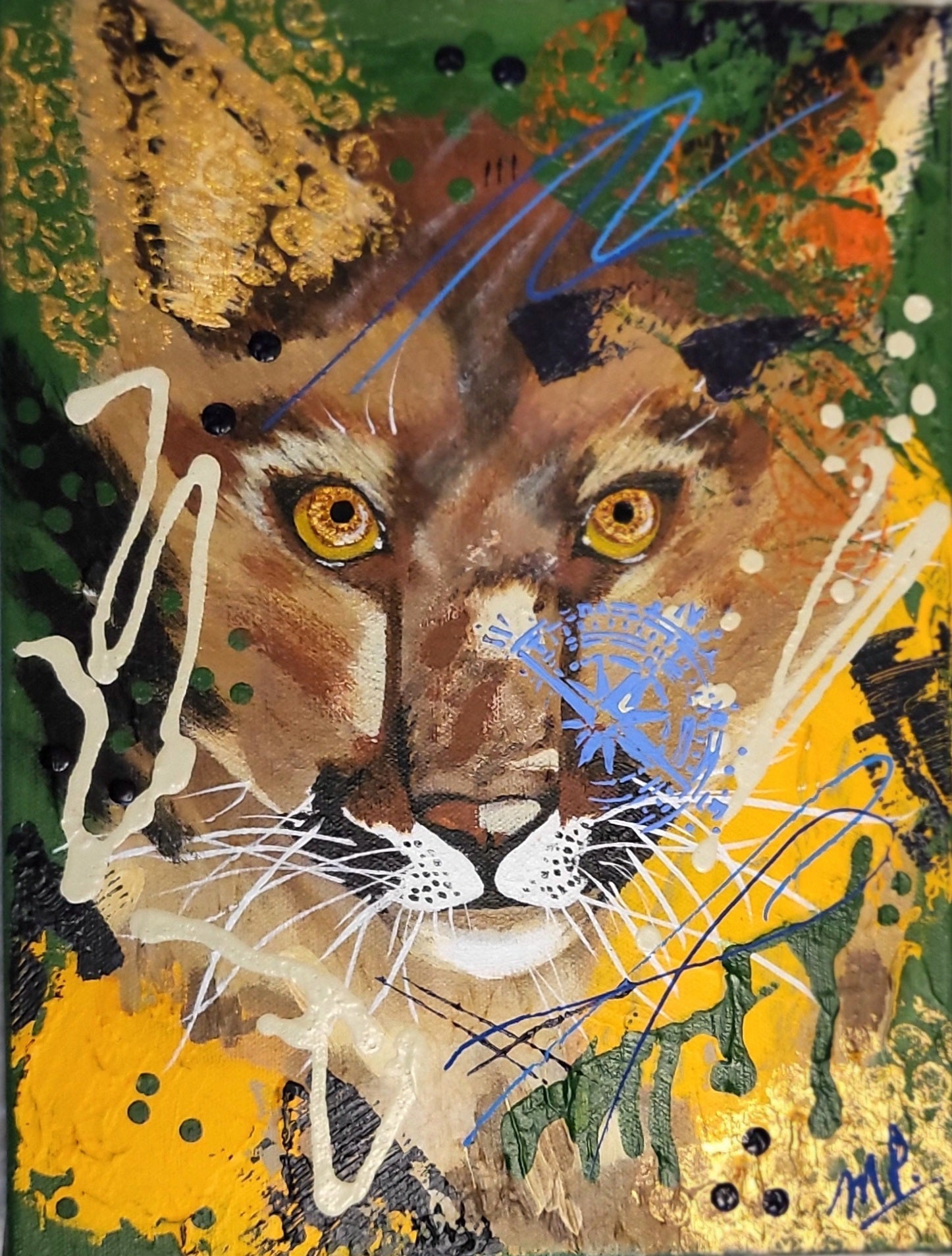 Stare Down - Original Acrylic Abstract Cougar Artwork 9x12" - Michelle Pashko Art