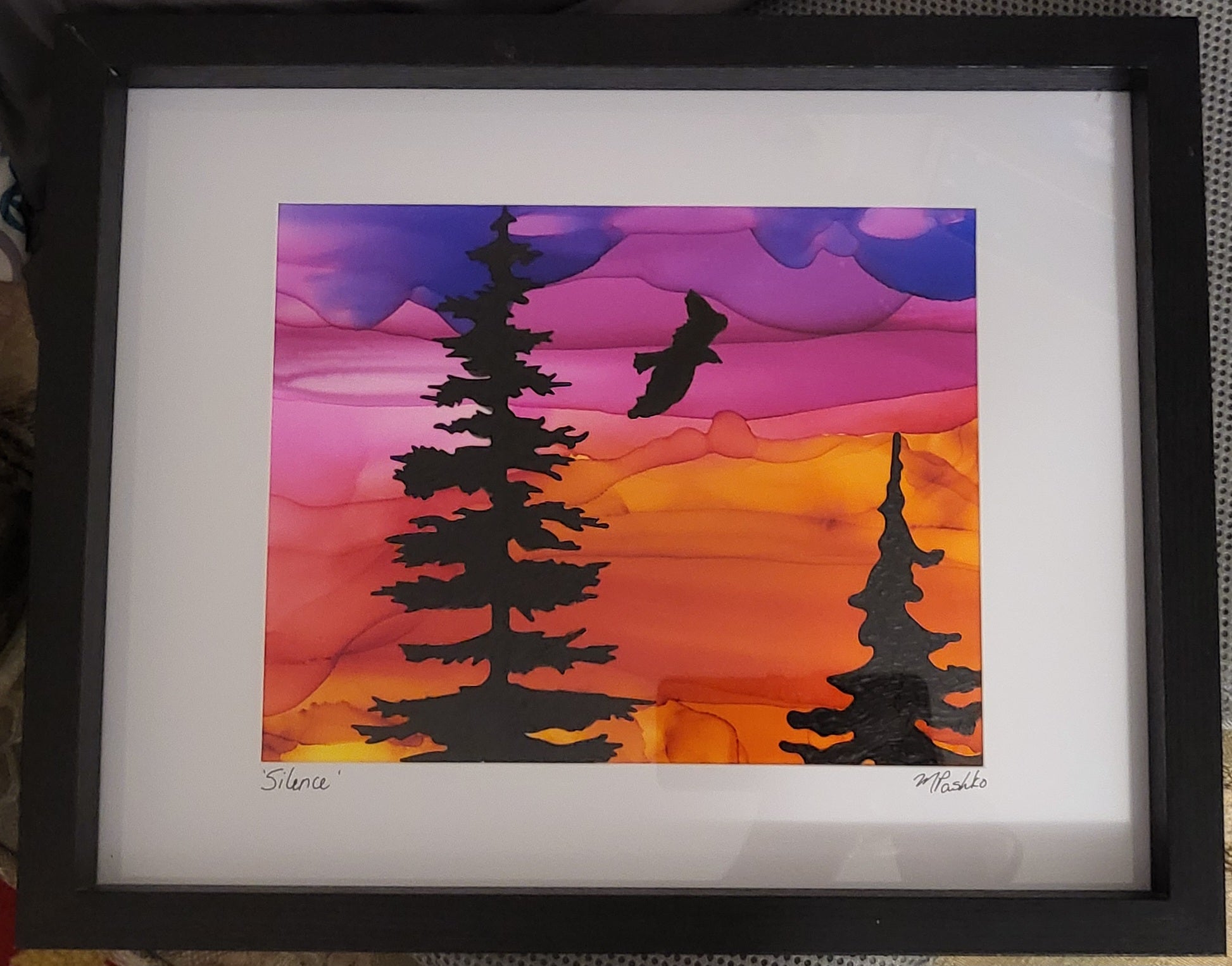 Silence - Original Acrylic and Alcohol Ink Sunset Painting 12x15" Framed - Michelle Pashko Art