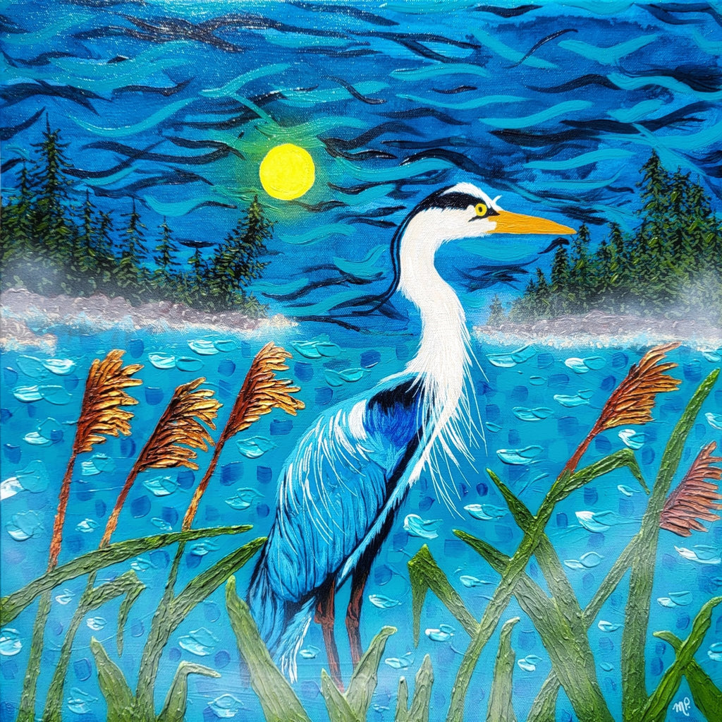 Night Shift - Original Acrylic Impasto Blue Heron Artwork in Lakeside Landscape 20x20" - Michelle Pashko Art
