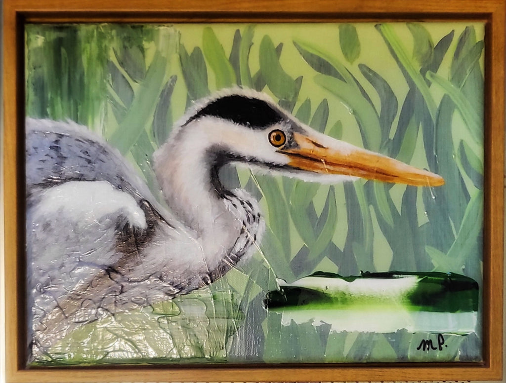 Anticipation - Acrylic Blue Heron Original Artwork 9x12" Framed - Michelle Pashko Art