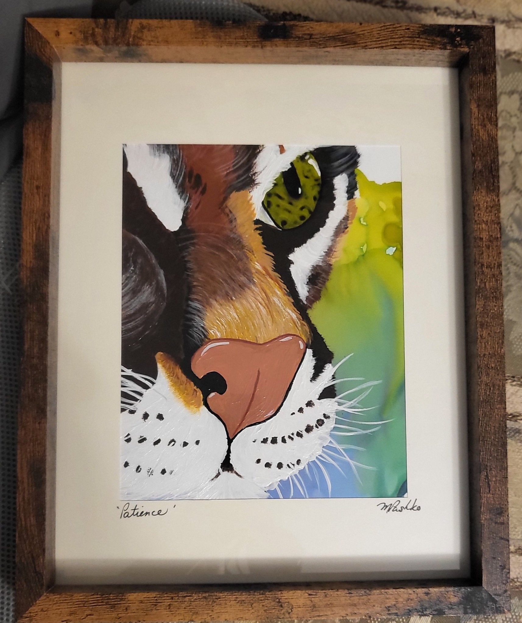 Patience - Original Acrylic Ocelot Painting on Alcohol Ink Background 12x15" Framed - Michelle Pashko Art