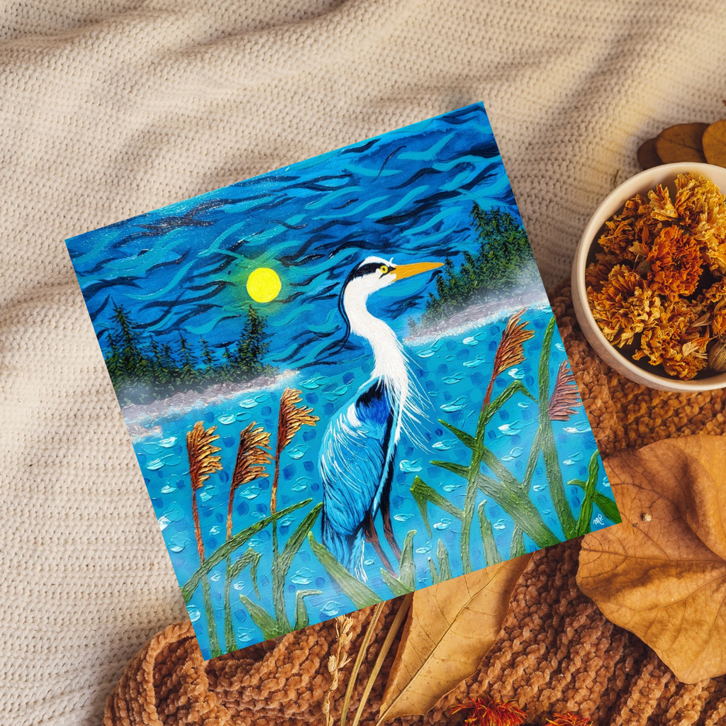 Night Shift - Original Acrylic Impasto Blue Heron Artwork in Lakeside Landscape 20x20" - Michelle Pashko Art