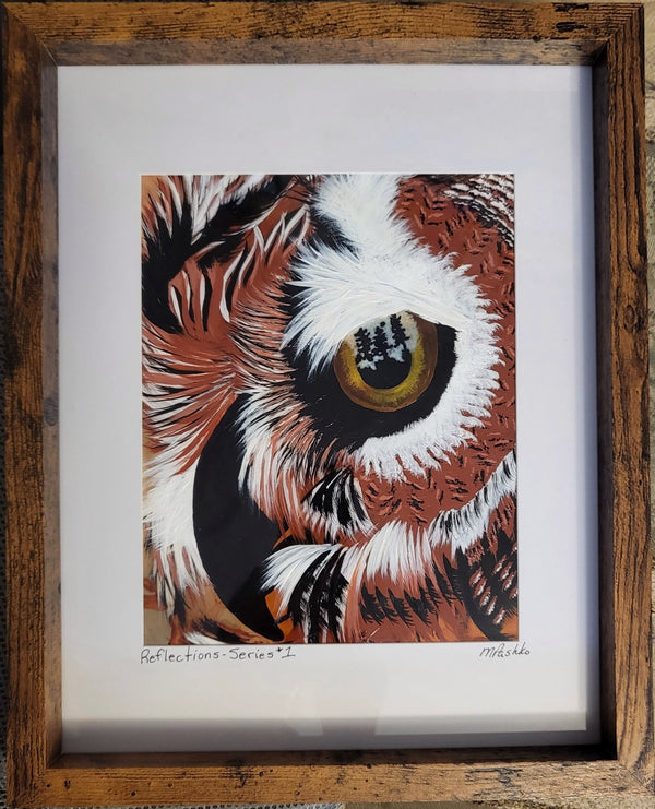 Reflections - Series 1 - Framed Owl Acrylic Painting Original on Alcohol Ink background 12x15" - Michelle Pashko Art