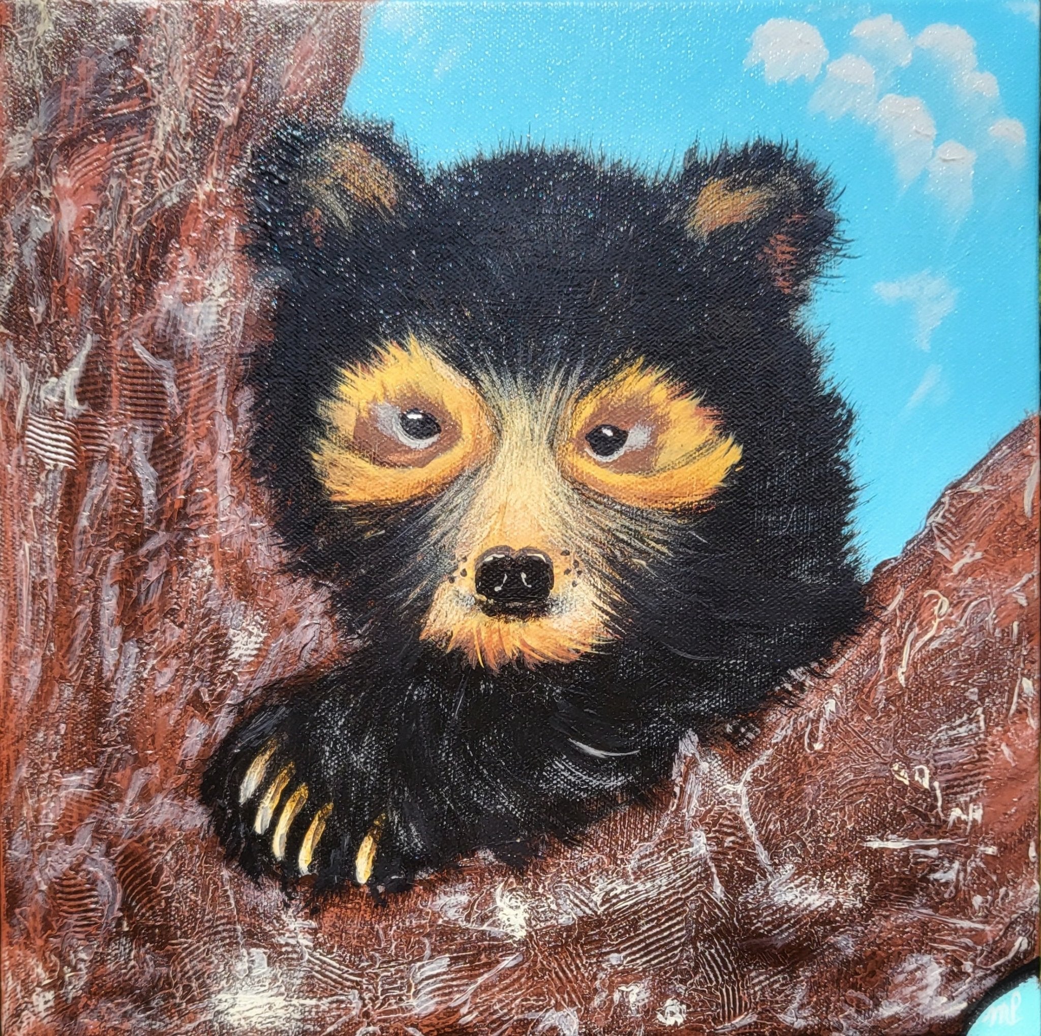 Enjoying the View - Original Bear Cub Acrylic Artwork 12x12" - Michelle Pashko Art