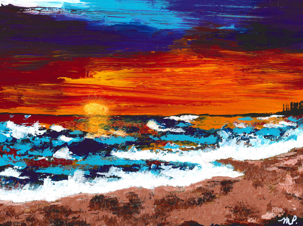 Sunset Walk - Original Acrylic Beach Sunset Painting 6x8" - Michelle Pashko Art