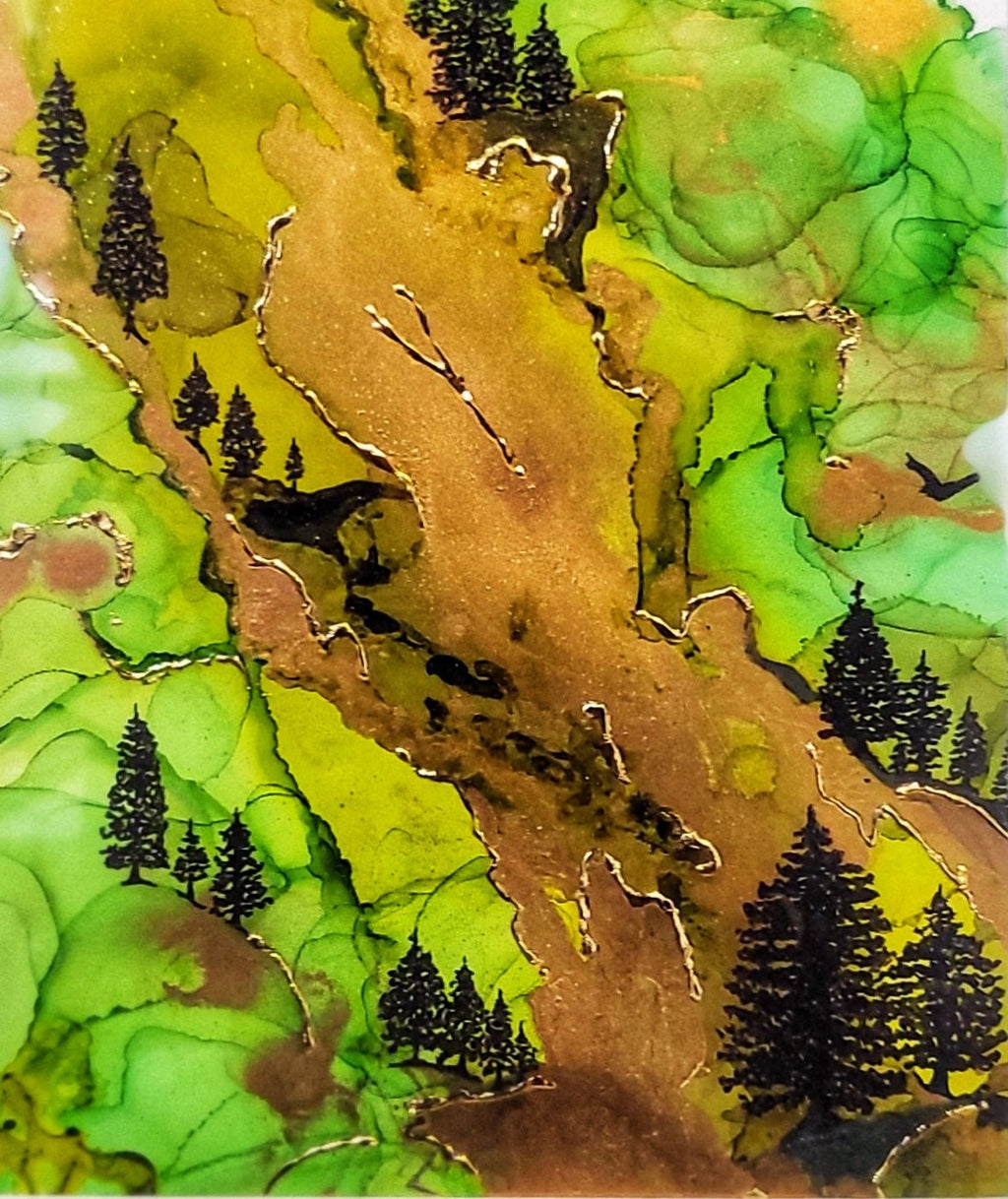 Breathe Deep - Original Acrylic, Gold Gilding, and Alcohol Ink Mountainside Painting 12x15" Framed - Michelle Pashko Art
