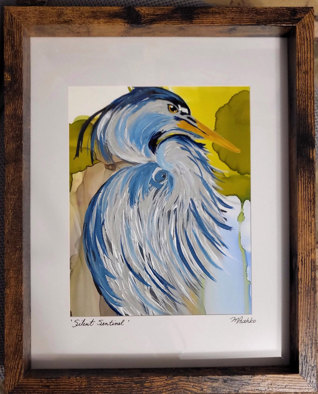Silent Sentinel - Original Acrylic and Alcohol Ink Abstract Heron 12x15" Framed - Michelle Pashko Art