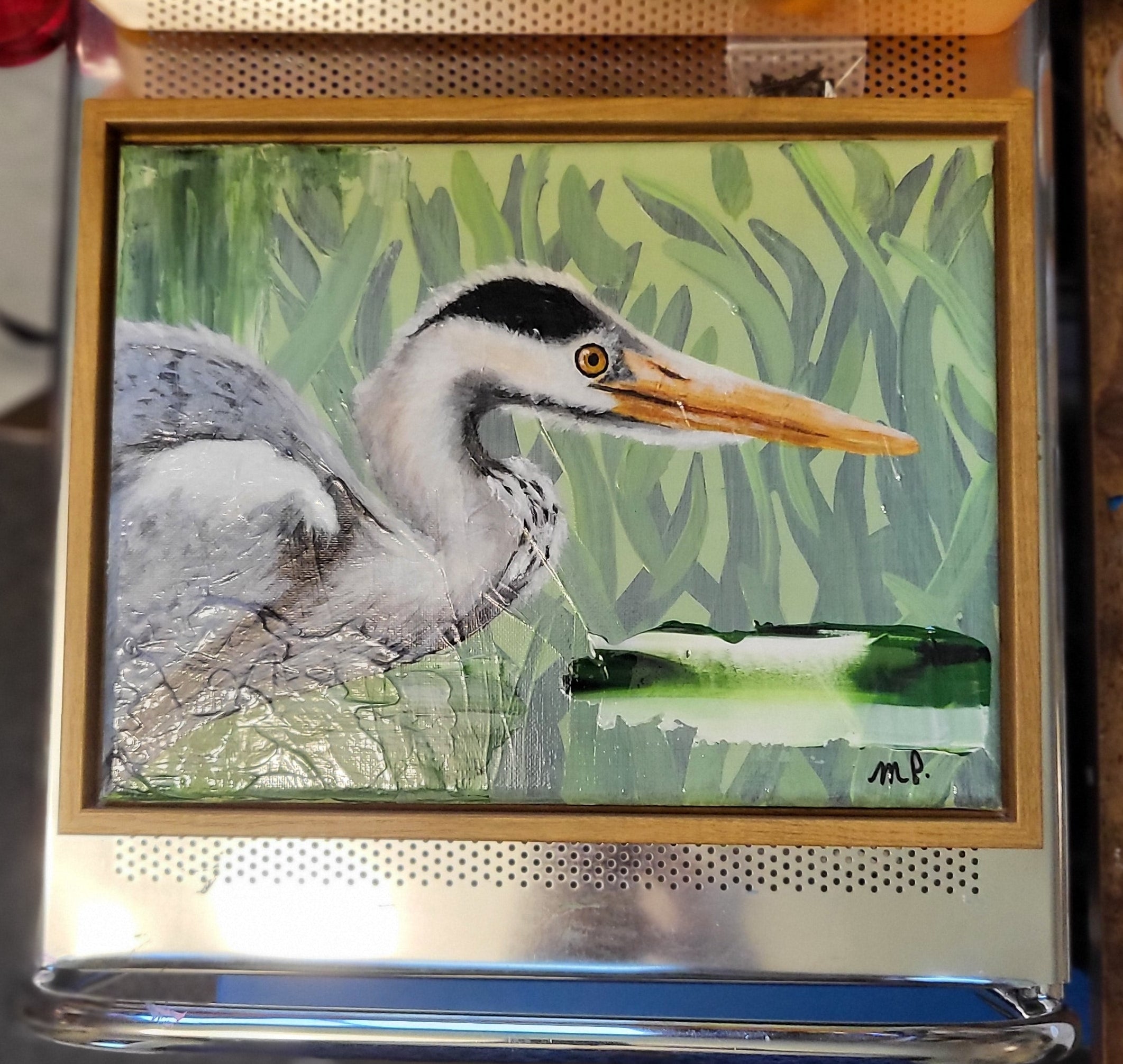 Anticipation - Acrylic Blue Heron Original Artwork 9x12" Framed - Michelle Pashko Art