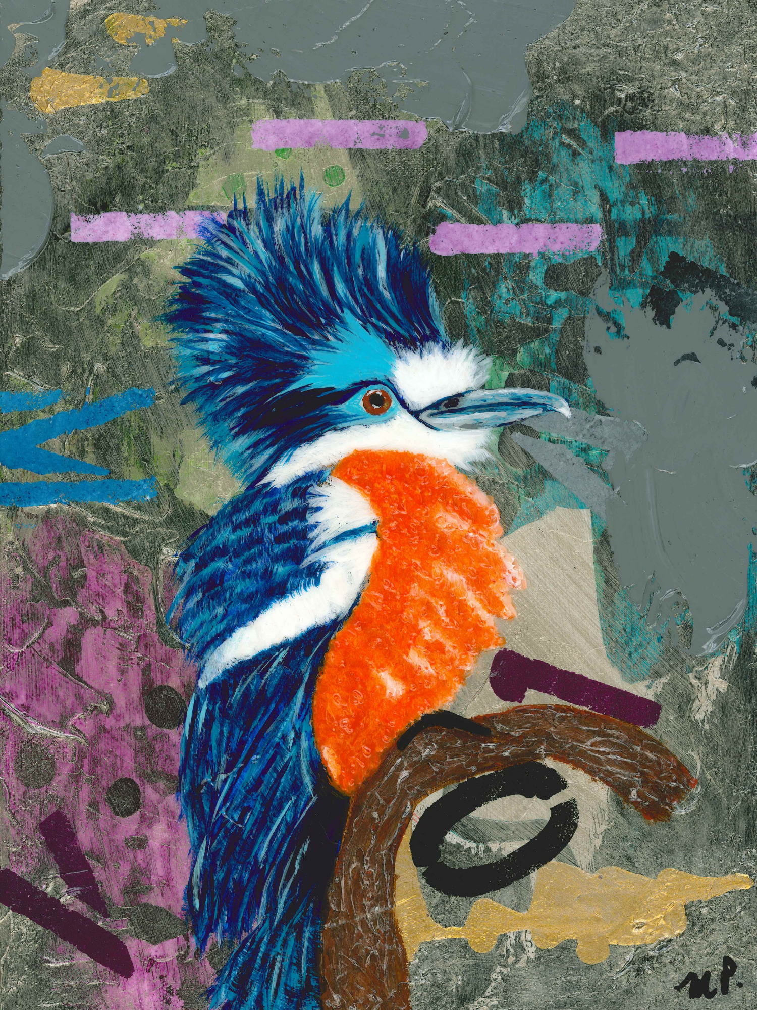 Confidence - Original Kingfisher Acrylic Painting with Abstract background 9x12"Gallery Wrapped Canvas - Michelle Pashko Art