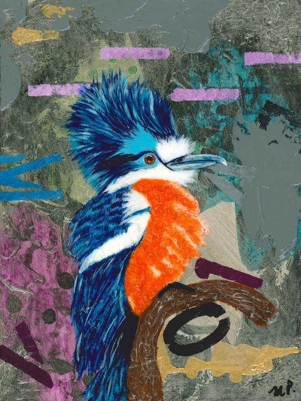 Confidence - Original Kingfisher Acrylic Painting with Abstract background 9x12"Gallery Wrapped Canvas - Michelle Pashko Art