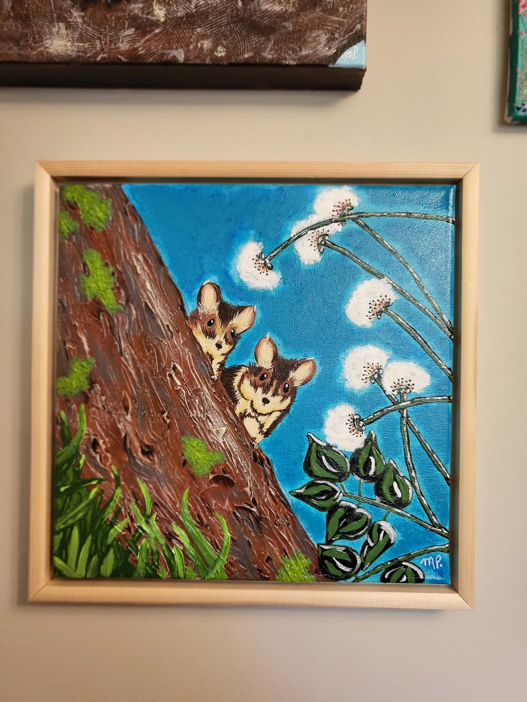 Shy Partners - Original Acrylic Chipmunks Impasto Painting 12x12" Framed - Michelle Pashko Art