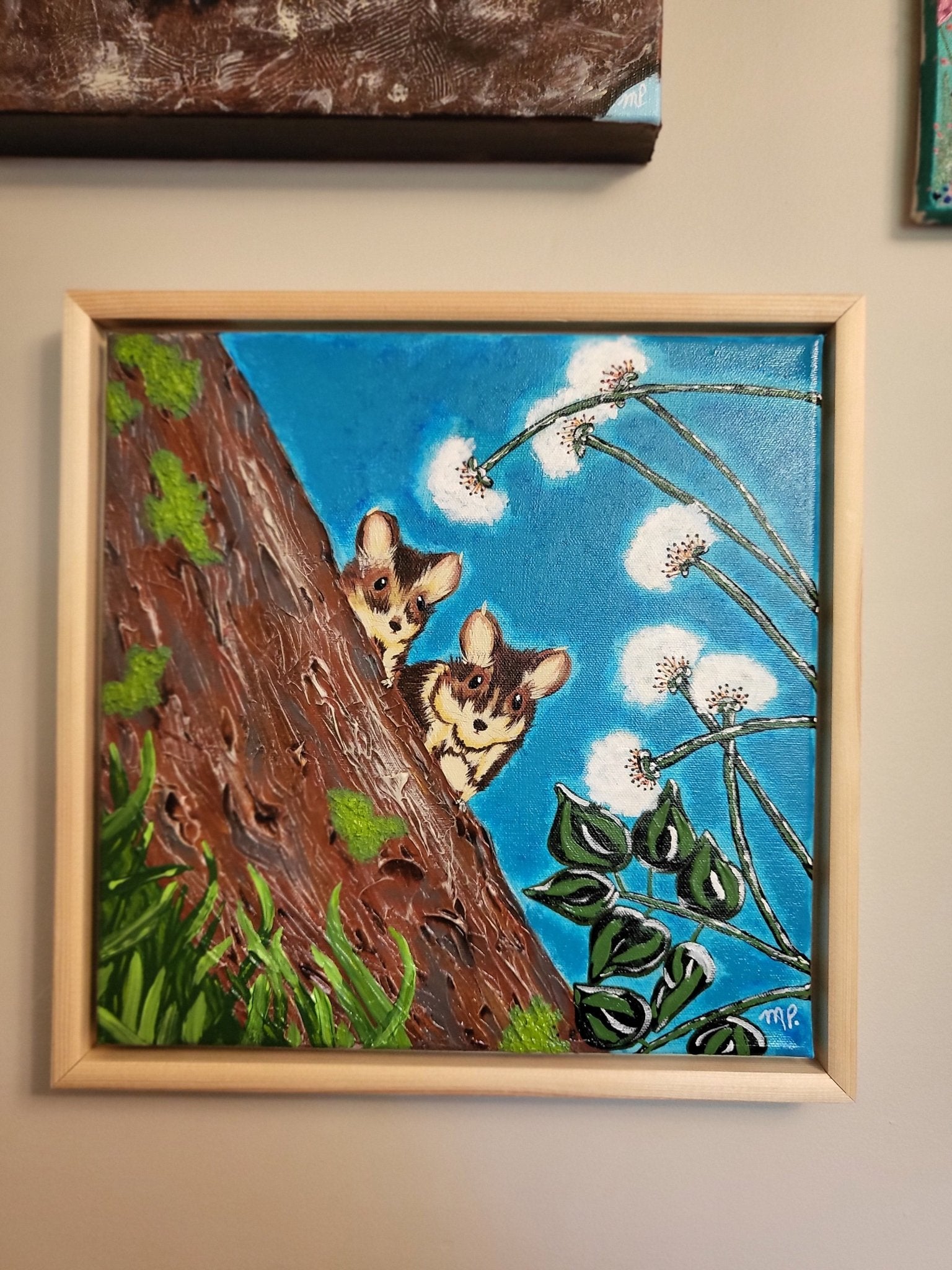 Shy Partners - Original Acrylic Chipmunks Impasto Painting 12x12" Framed - Michelle Pashko Art