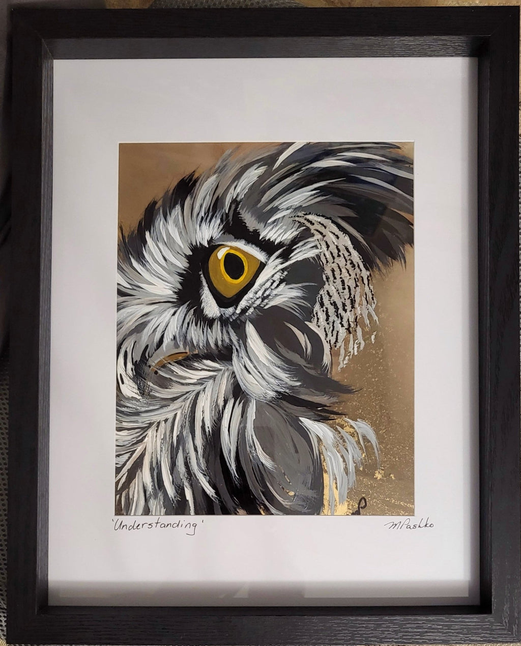 Understanding - Acrylic and Alcohol Ink Owl Original Framed 12x15" - Michelle Pashko Art