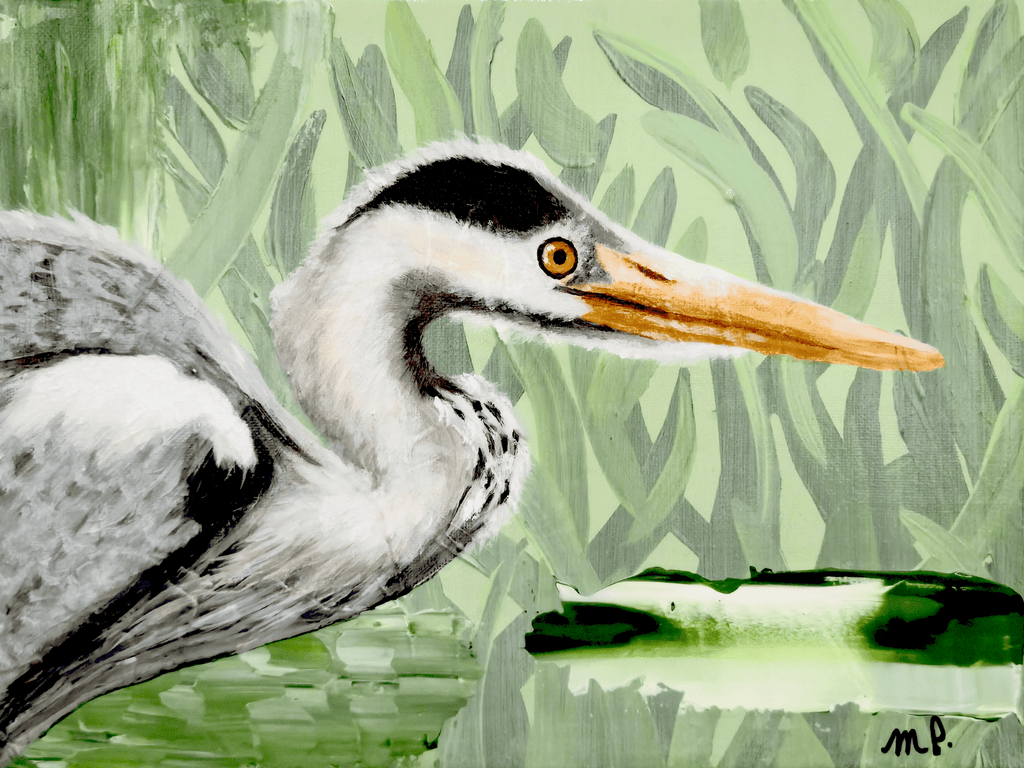 Anticipation - Acrylic Blue Heron Original Artwork 9x12" Framed - Michelle Pashko Art